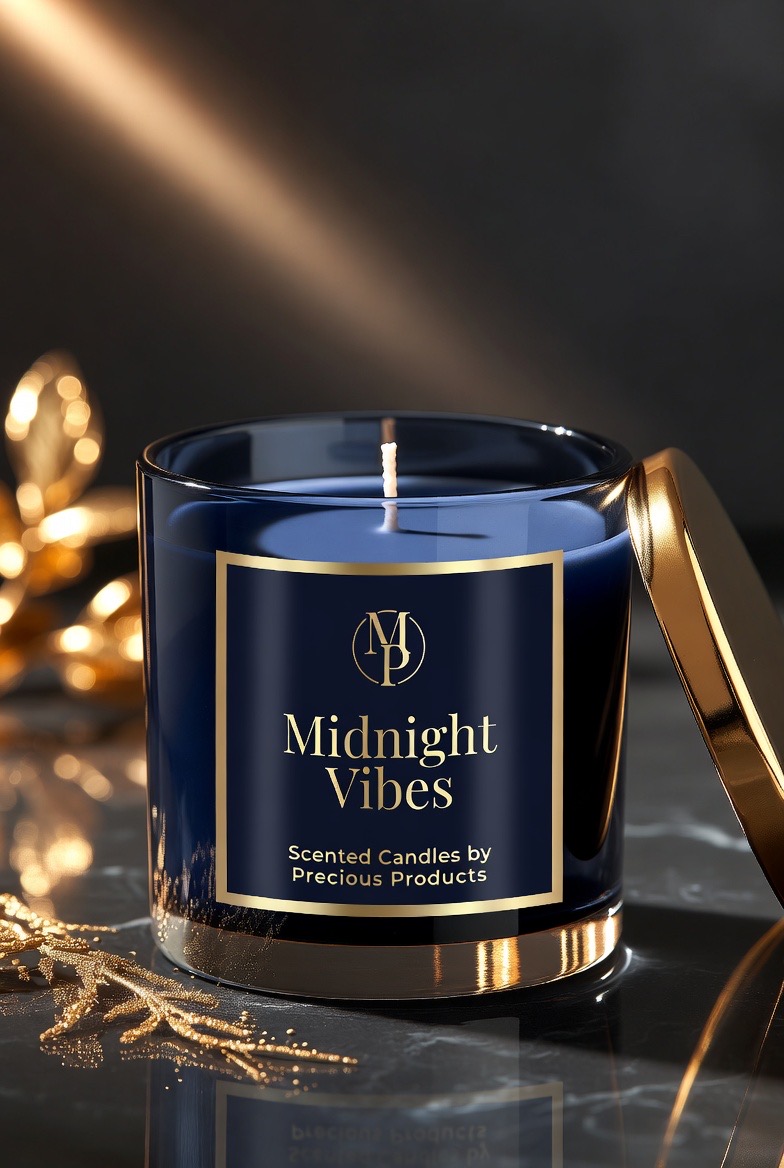 Midnight Vibes candle — deep navy jar with gold lid