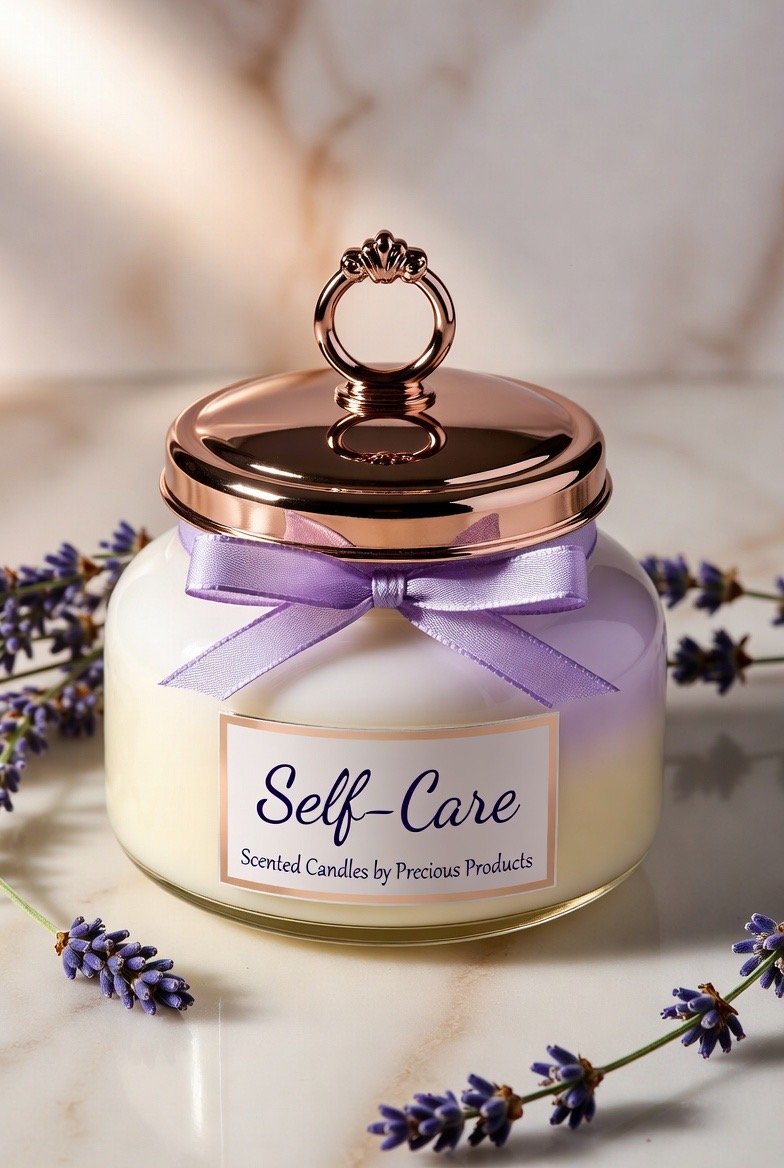 Self-Care candle — creamy off-white jar with rose gold lid and lavender ribbon