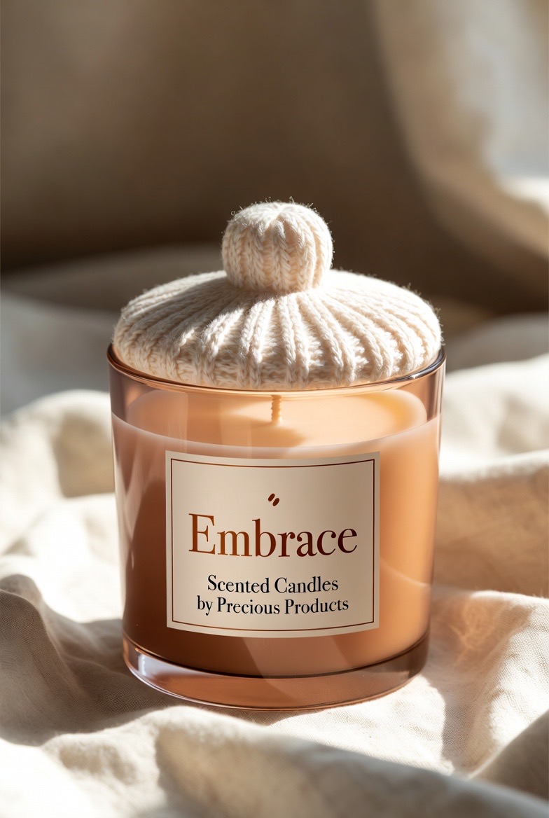 Embrace candle — warm amber peach jar with knitted lid in cozy blanket setting