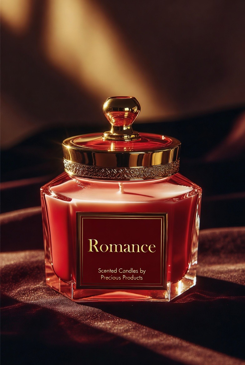 Romance candle — rich crimson red hexagonal jar with gold lid on velvet backdrop