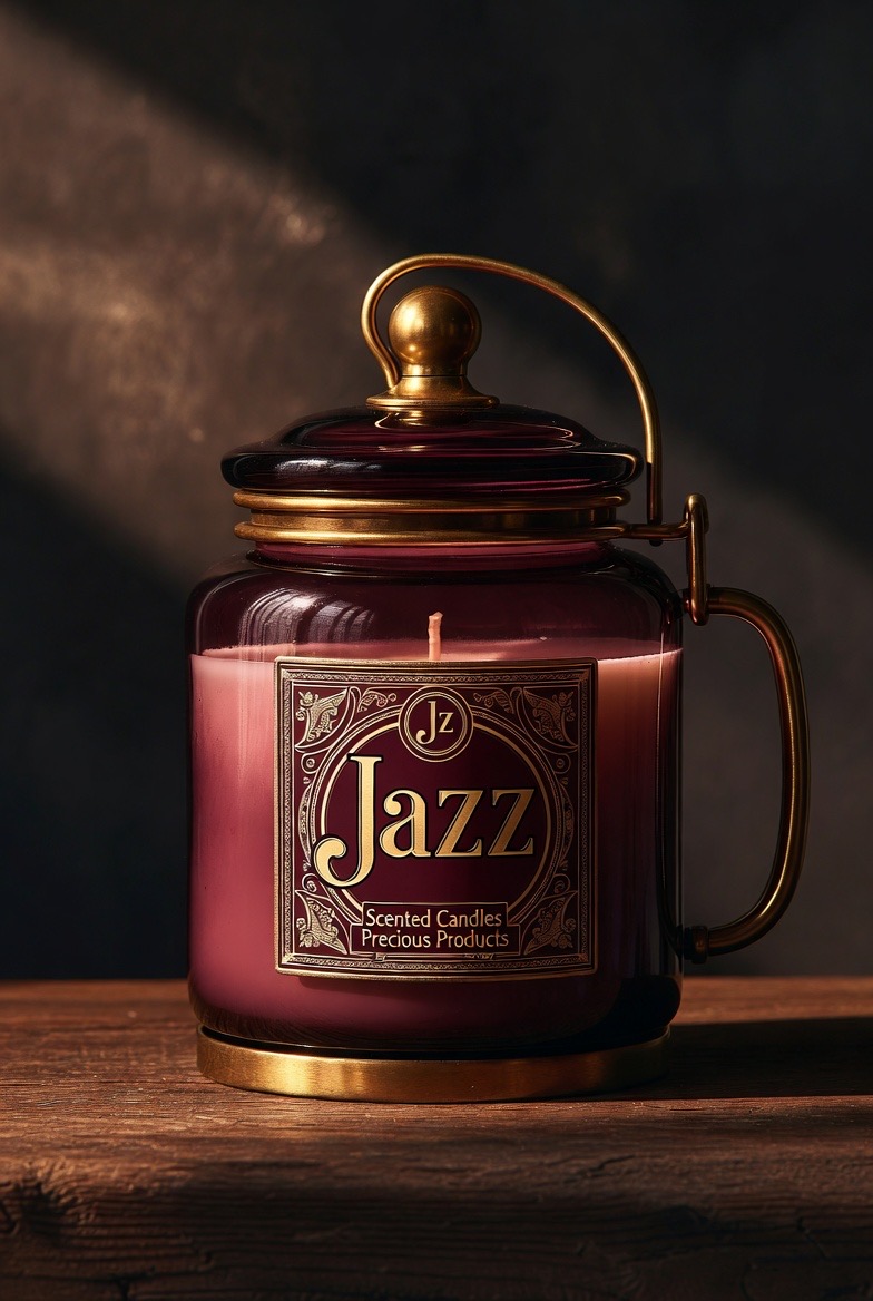 Jazz candle — deep burgundy jar with brass handle and vintage label