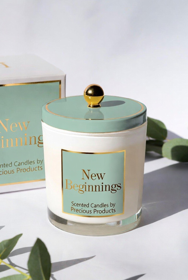 New Beginnings candle — clean white jar with sage green lid