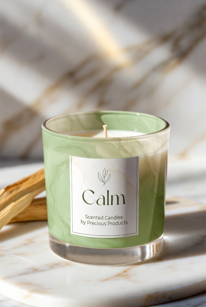Calm candle — sage green marble texture jar with palo santo sticks