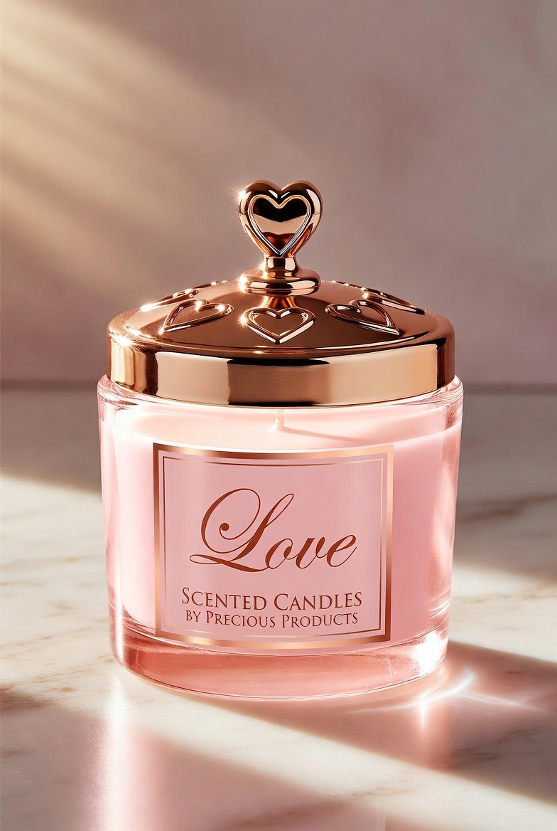 Love candle — blush pink jar with rose gold heart lid