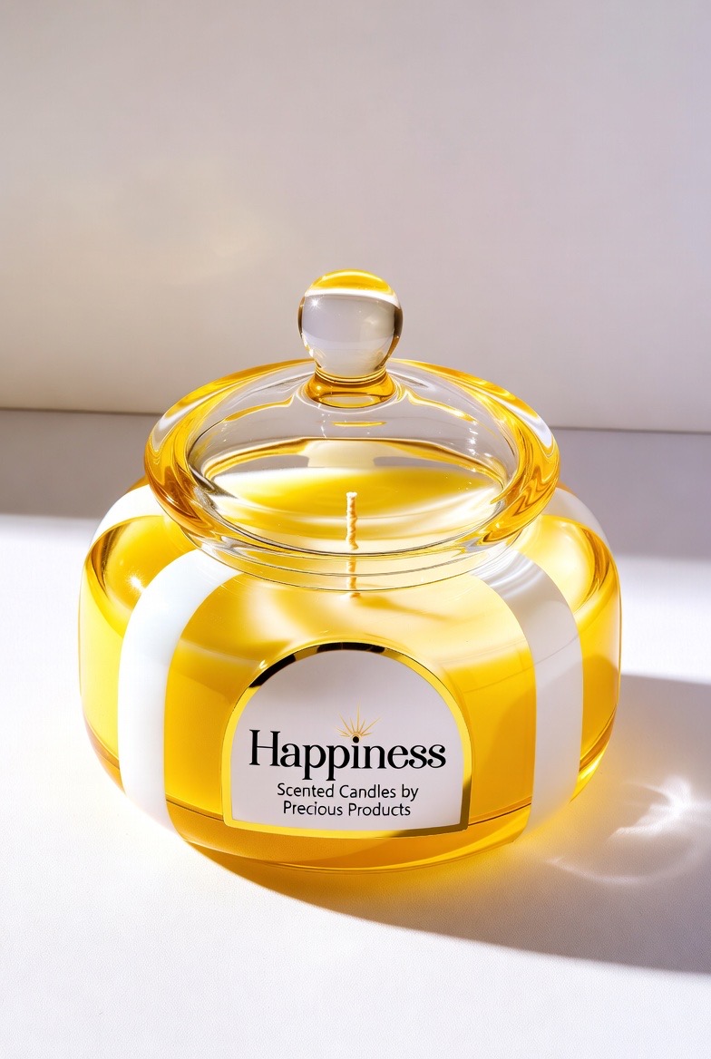 Happiness candle — golden amber glass jar with glass ball lid