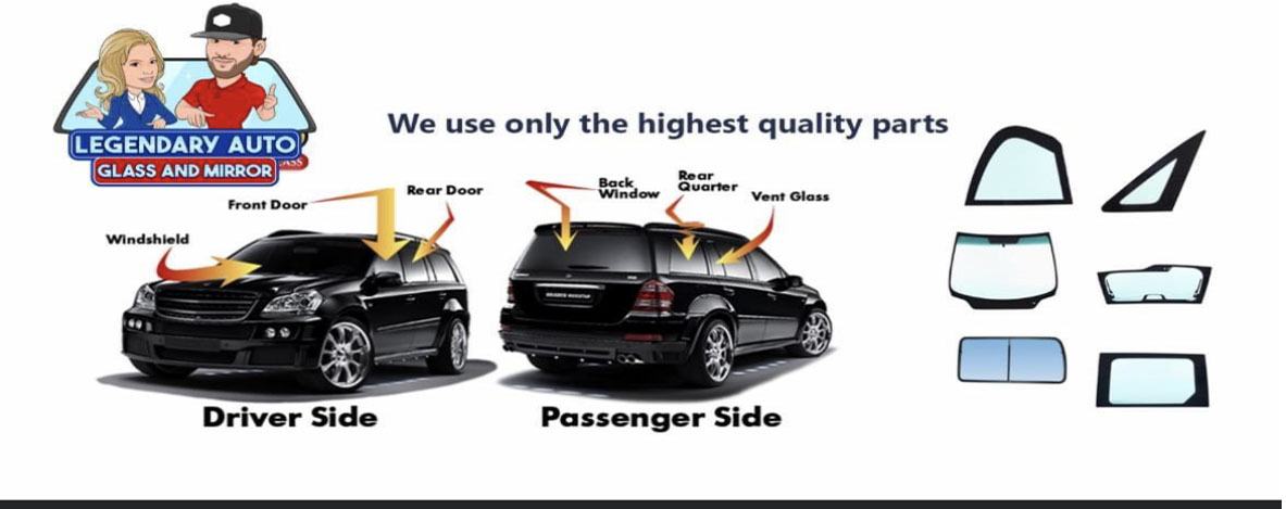 Branded diagram showing Legendary Auto Glass and Mirror vehicle glass types — windshield, front door, rear door, back window, rear quarter, vent glass with labeled parts