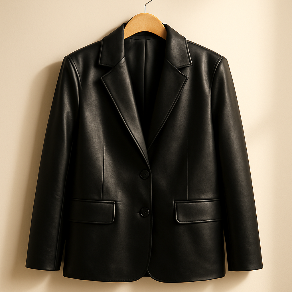 Faux Leather Blazer — Black