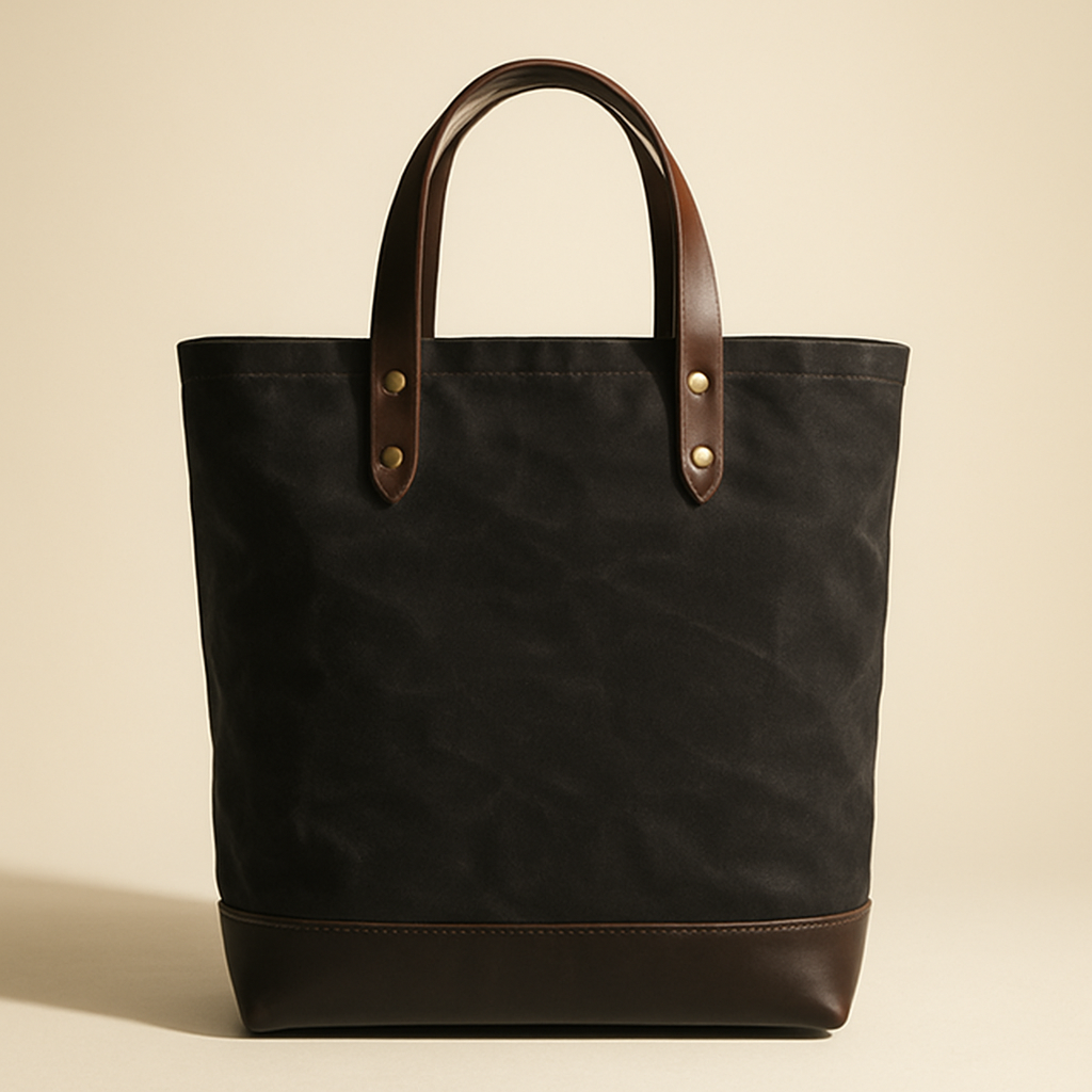 Leather-Trim Canvas Tote — Black