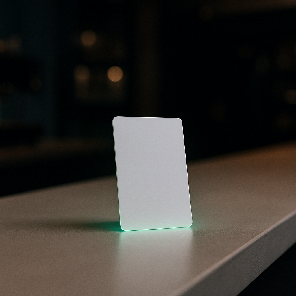 OneTap NFC card displayed at a retail counter — in-context product shot