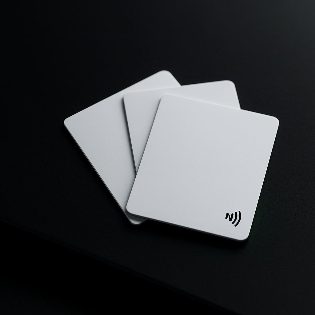 OneTap NFC cards on a dark desk — premium product display