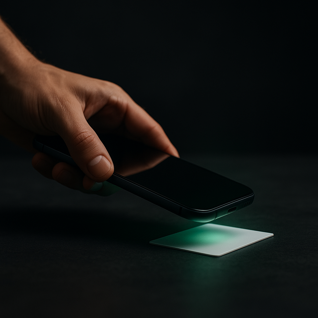 Phone tapping an NFC card — the product in action
