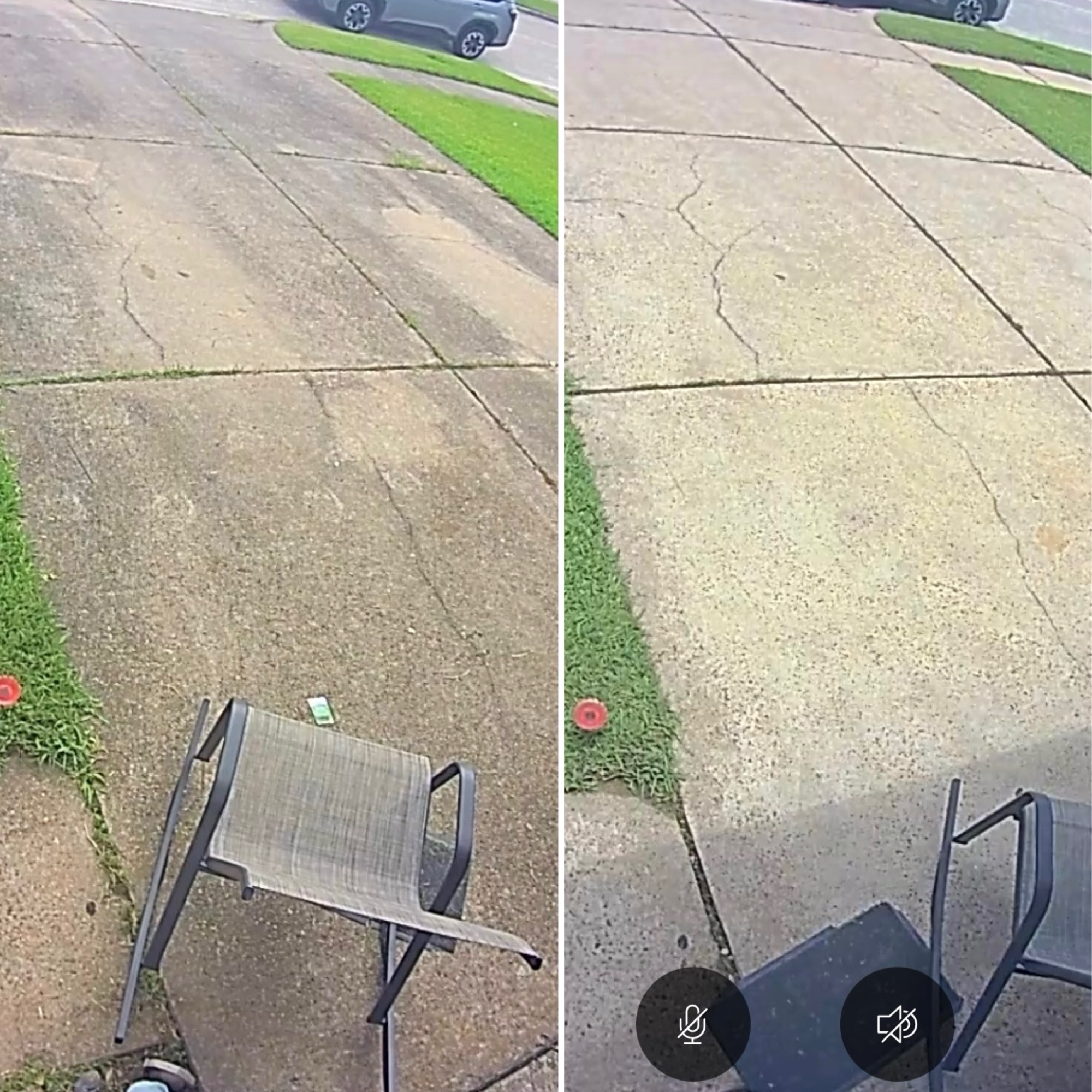 Side-by-side patio before and after pressure washing — cleaned outdoor space