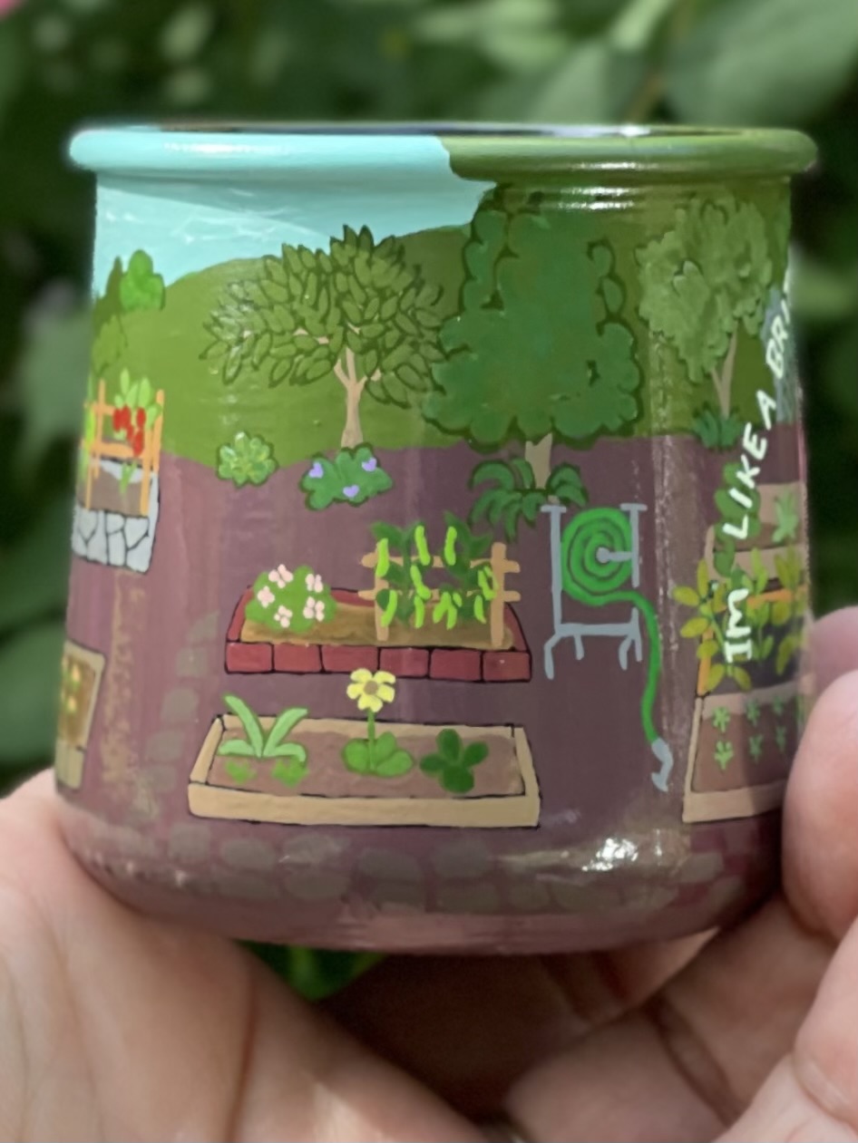 360-degree painted garden scene on the jar — view 3