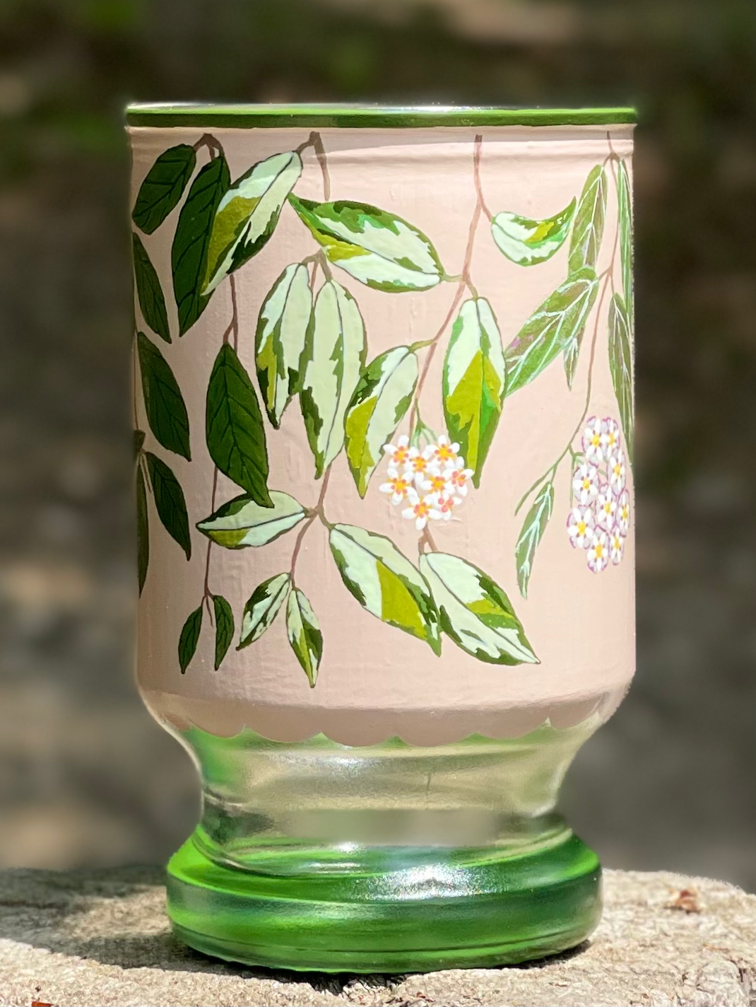Hand-painted botanical hoya vase with pink and green design