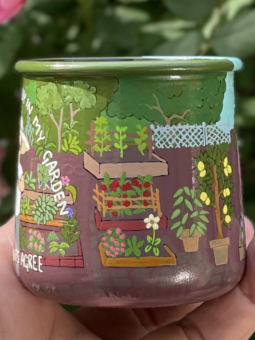 360-degree painted garden scene on the jar — view 2