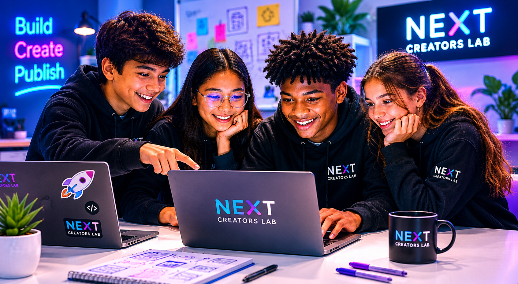 Teen students building AI projects