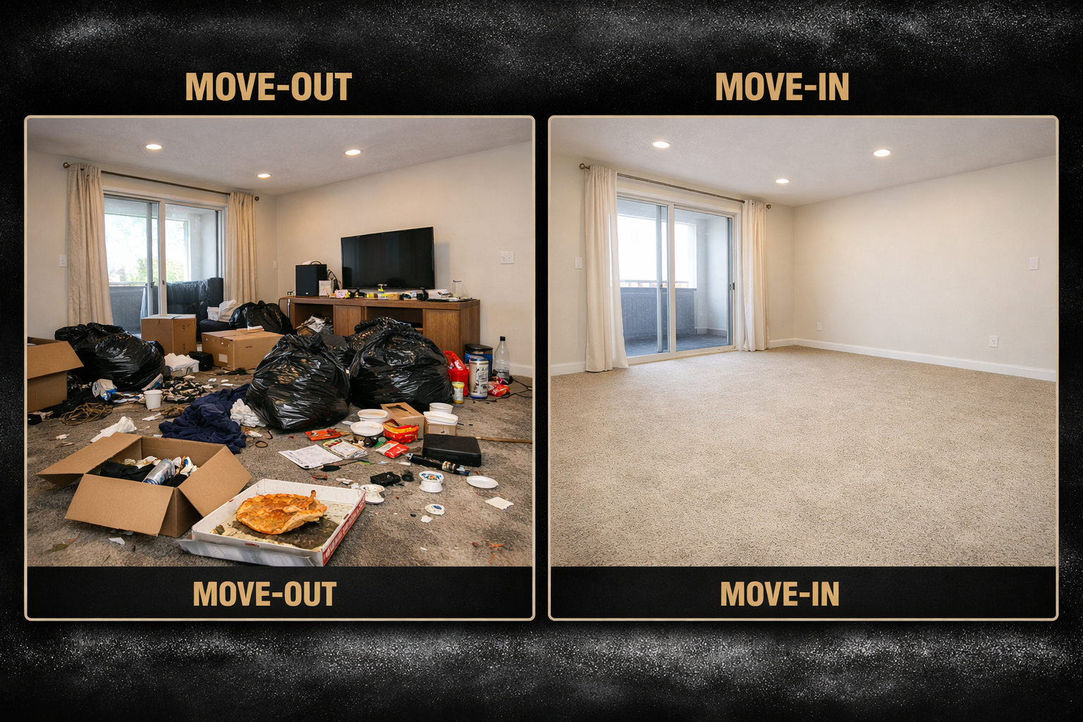Trashed living room before move-in cleaning