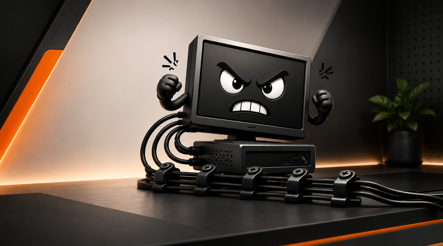 RigTidy mascot — angry monitor tangled in cables