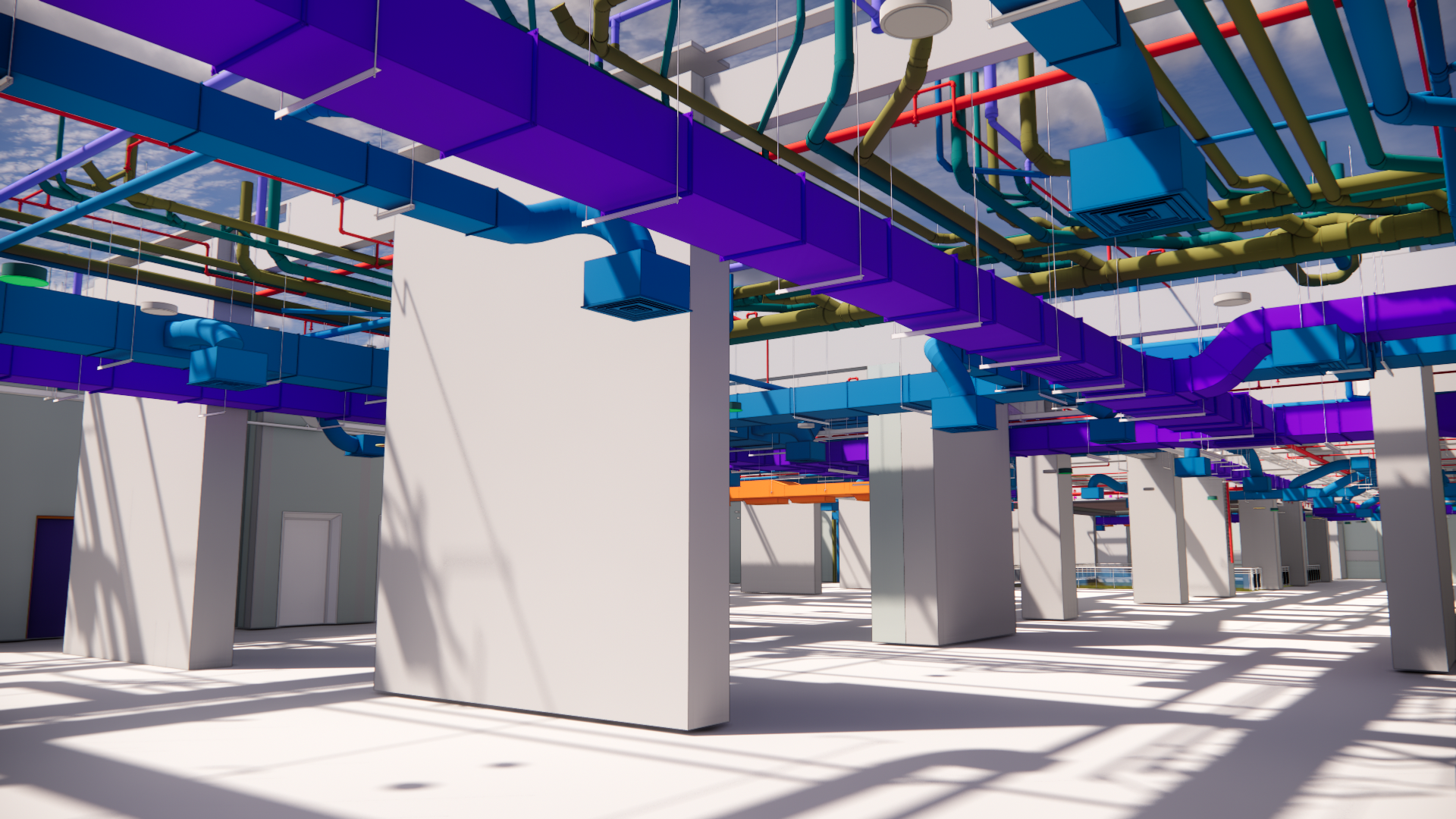 MEP BIM coordination model — interior MEP coordination with purple ductwork, blue pipework, and structural columns