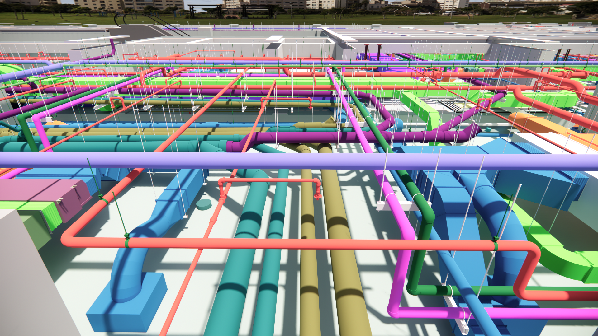 Aerial MEP coordination — dense rooftop pipework and duct runs across ANZ commercial project