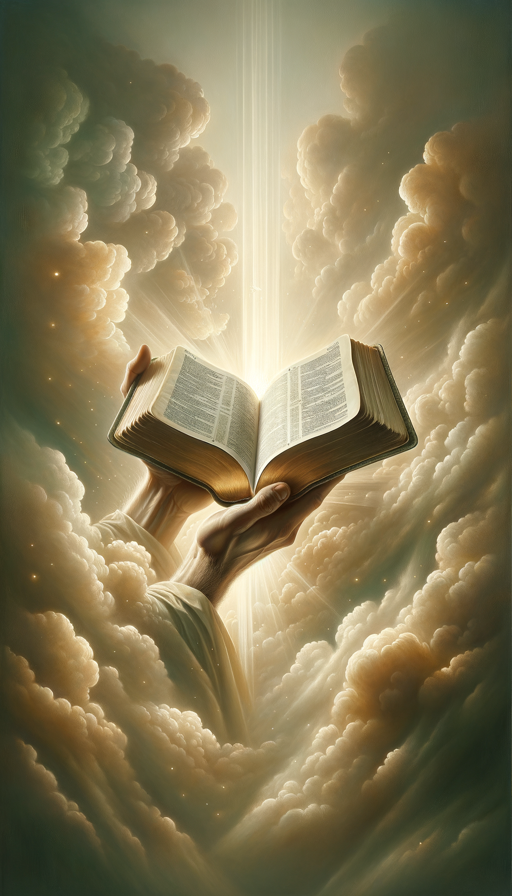 An open Bible being handed to you — receive the Word of God, surrounded by heavenly clouds and golden light