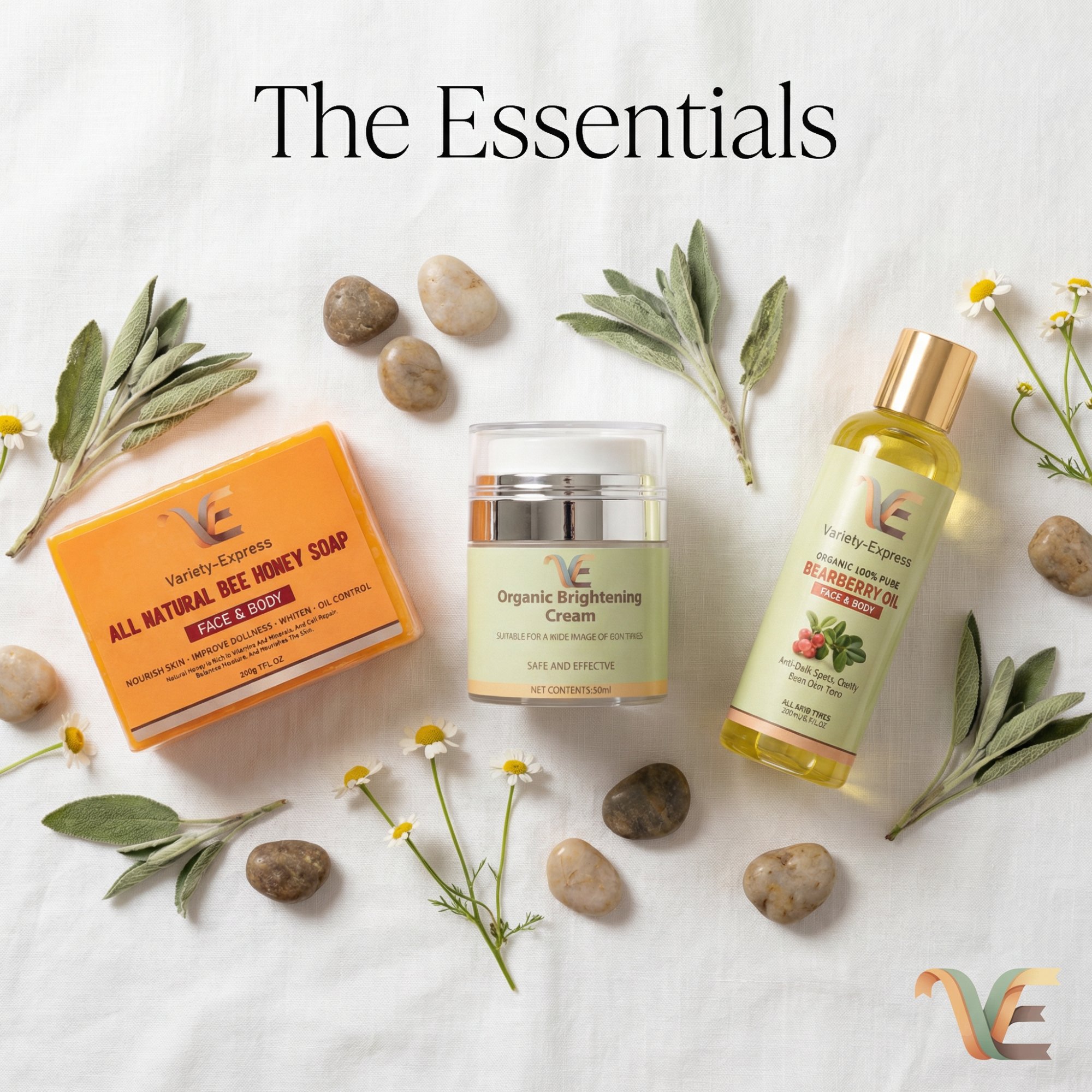 The Essentials — All Natural Bee Honey Soap, Organic Brightening Cream, Bearberry Oil