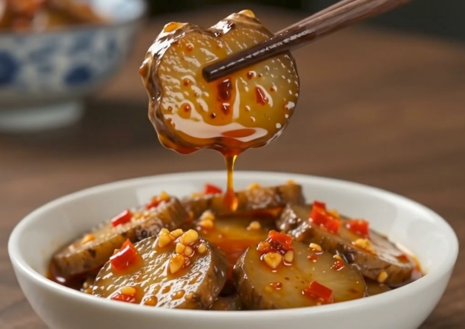 Sunchop harissa sunchoke snack — thick slices with glossy chili oil coating, chopstick lift
