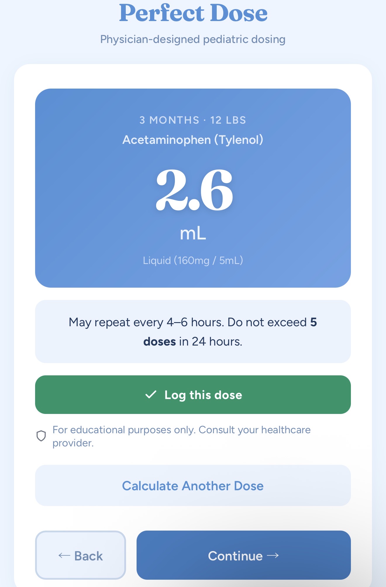Infant acetaminophen result — 2.6 mL