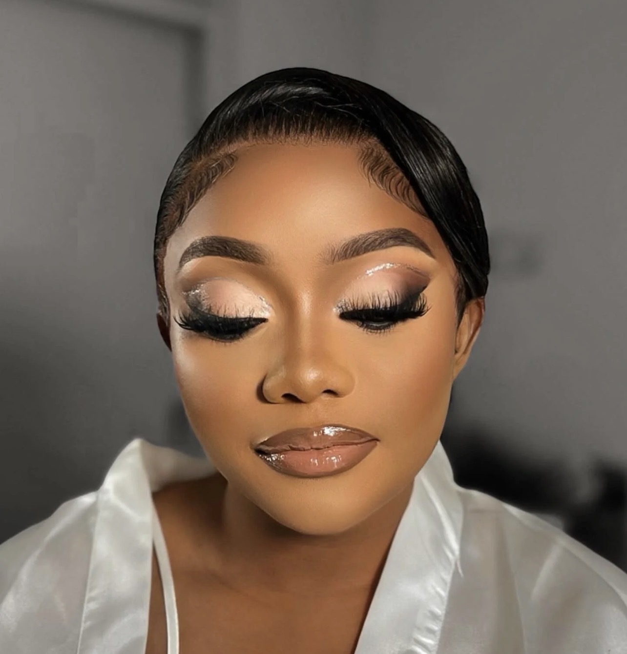 Glossy nude lip shimmer shadow glam