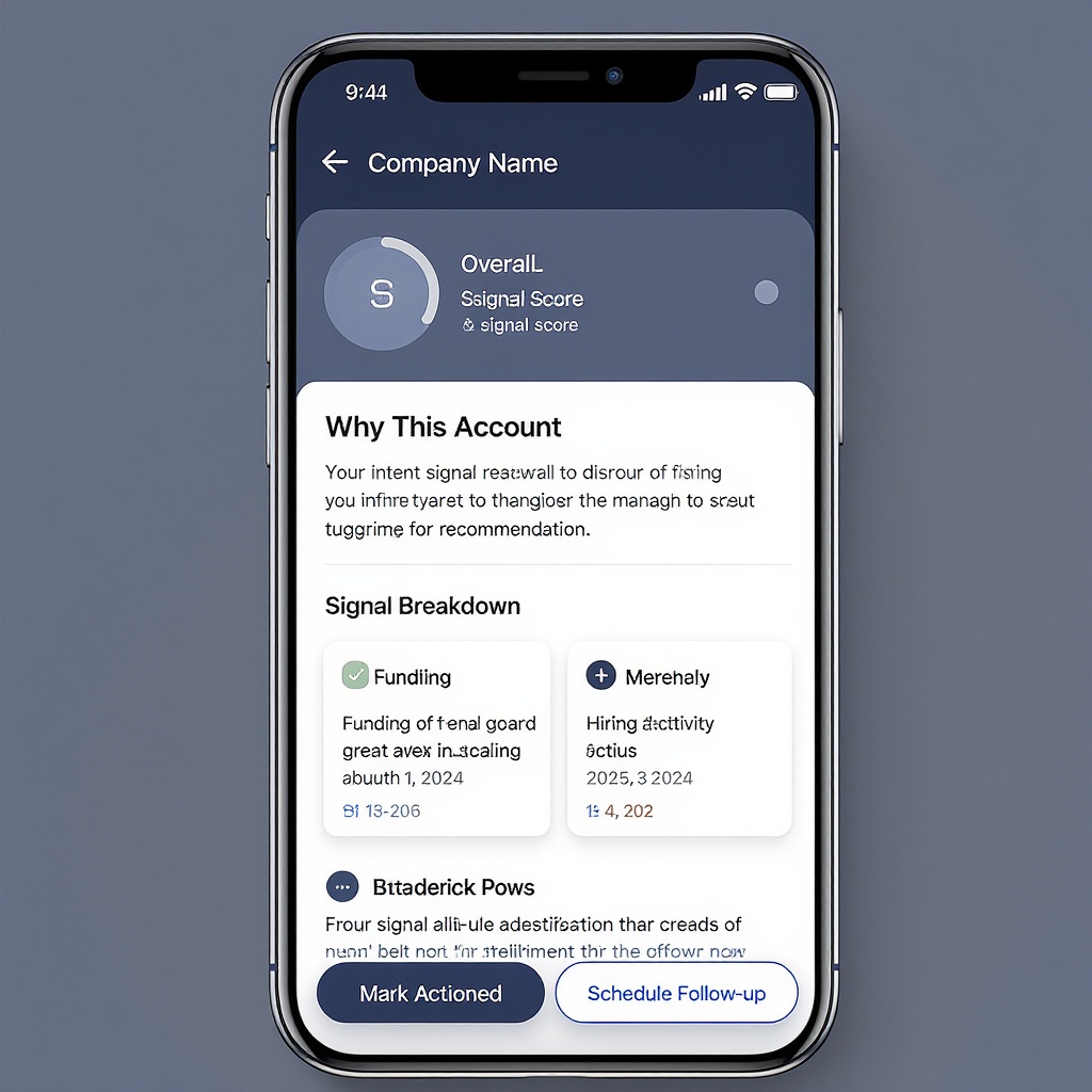 SourcemAI mobile view — Signal Breakdown / Mark Actioned / Schedule Follow-up