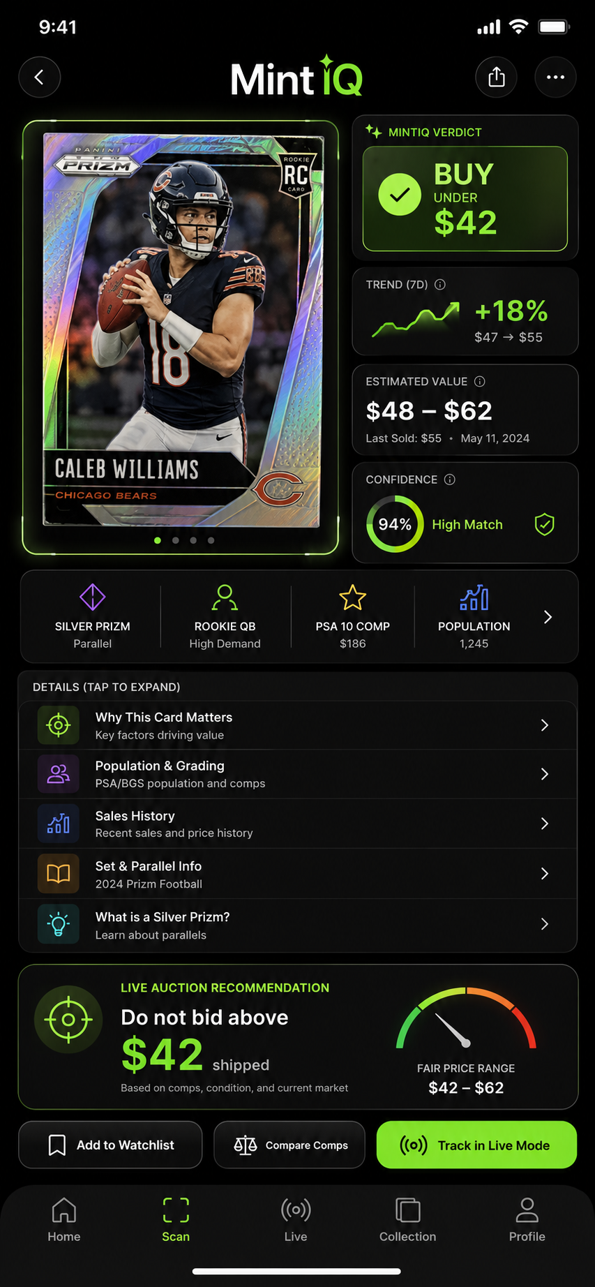 Card Detail — full pricing and verdict