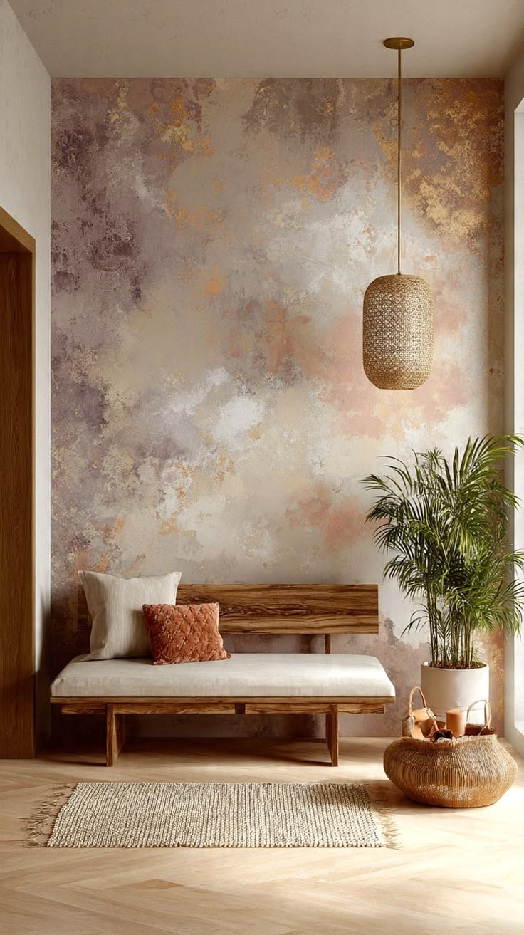 Decorative plaster feature wall in a styled entryway with warm tones