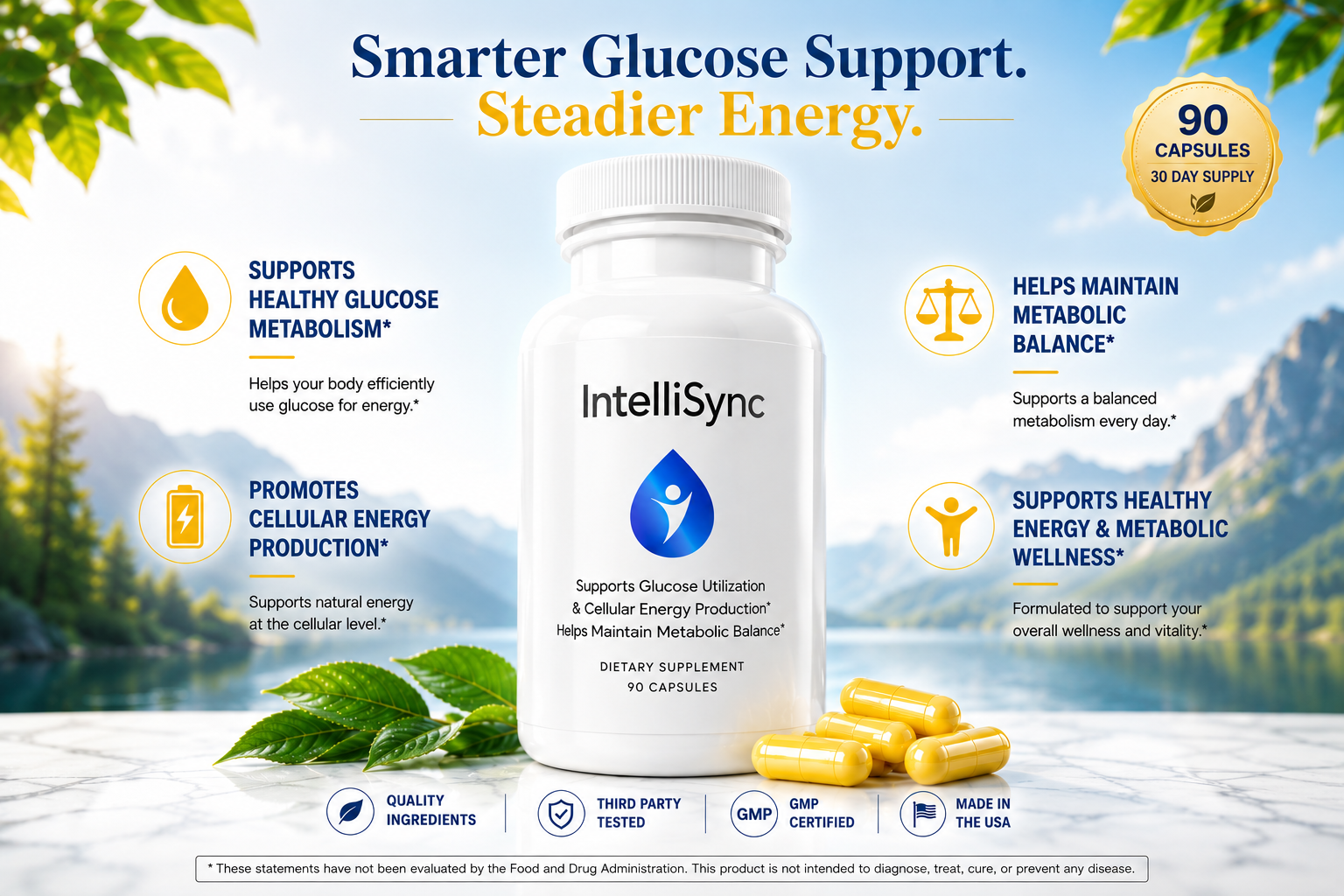 IntelliSync blood sugar supplement — clinically-backed 5-pathway formula, 90 capsules