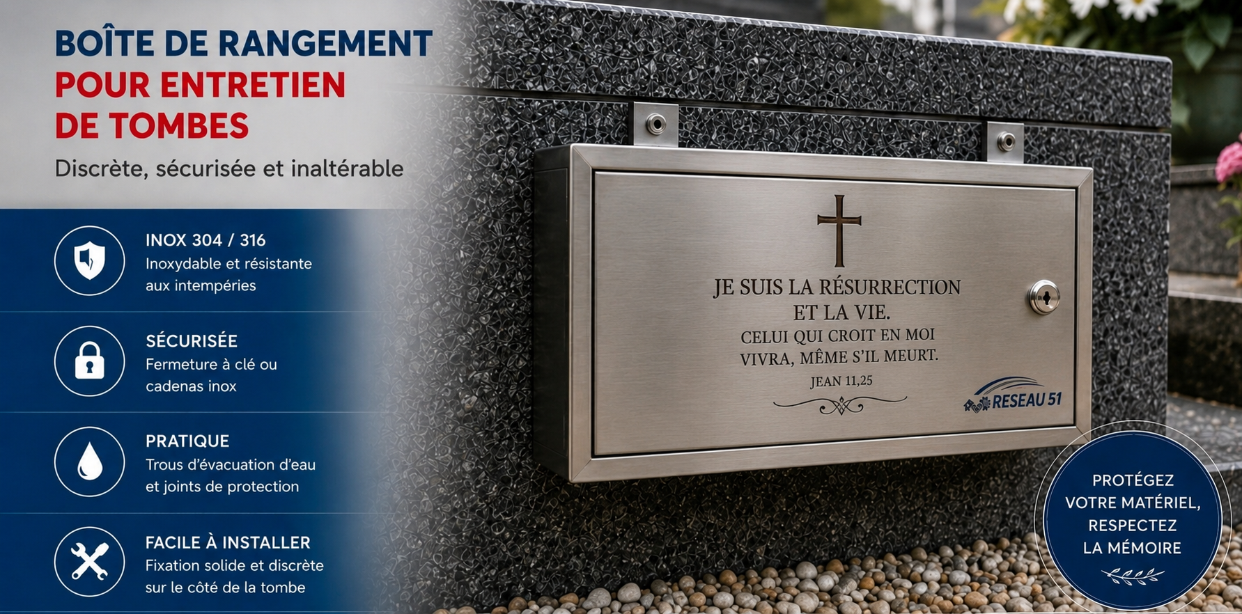 TOMBOX — coffre de rangement en inox pour cimetiere