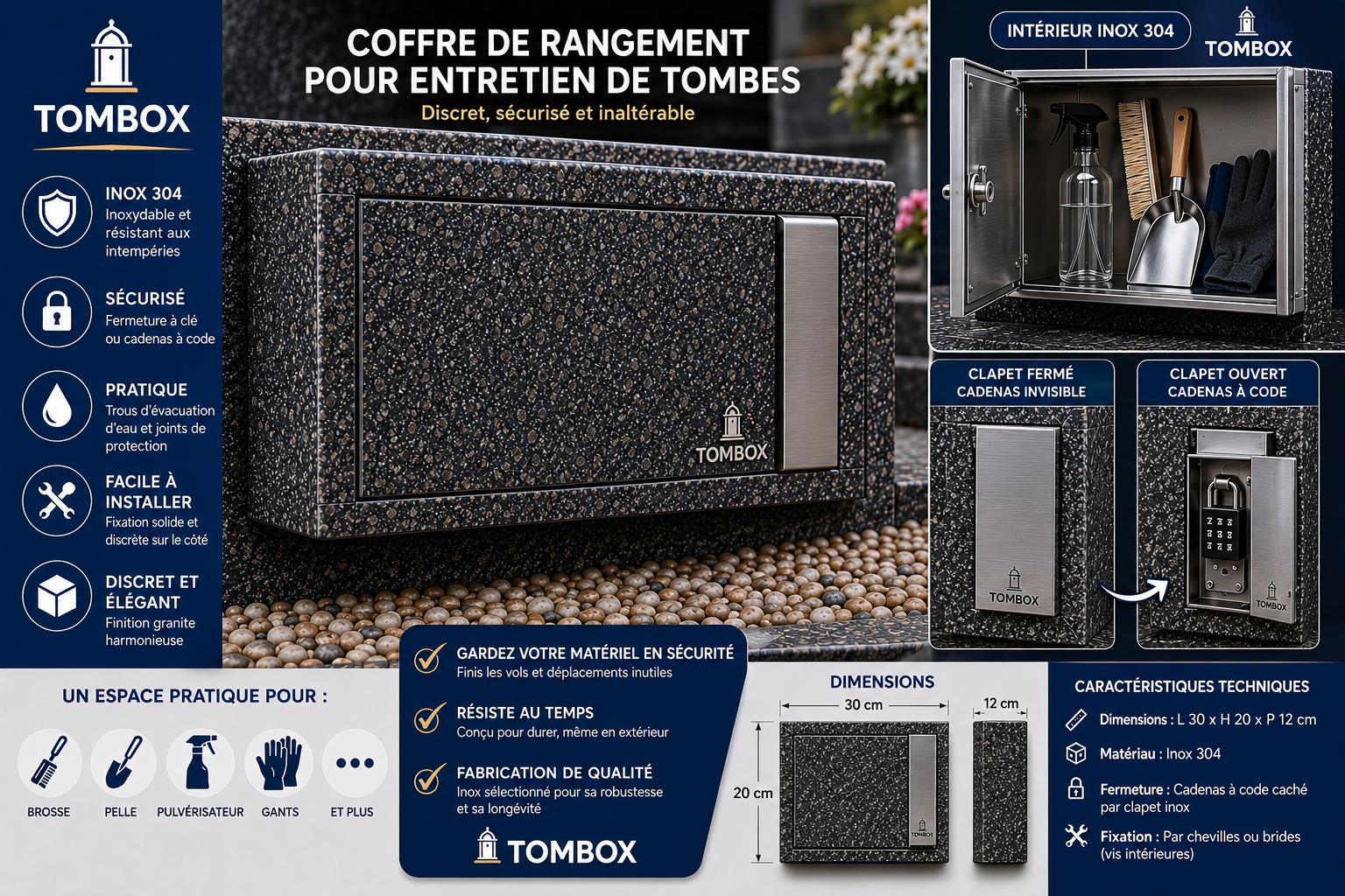 TOMBOX ouvert — vue interieure avec materiel de cimetiere