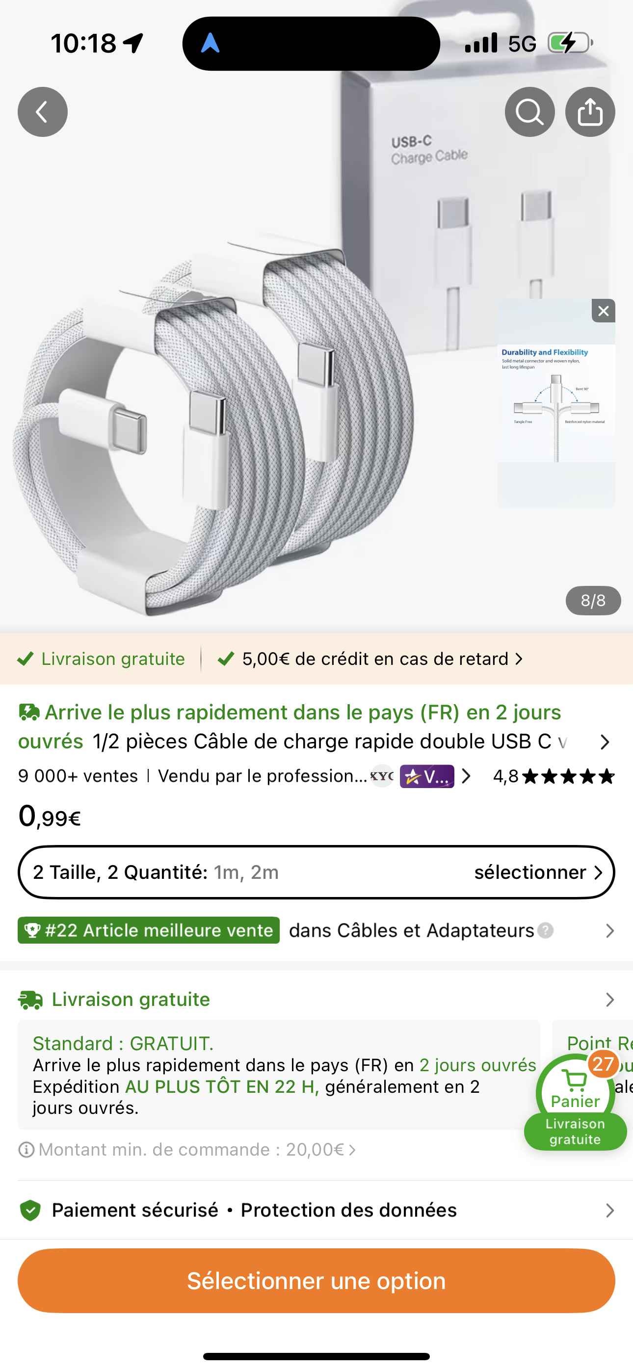 Câble USB-C Charge Rapide — tressé blanc, 1m ou 2m