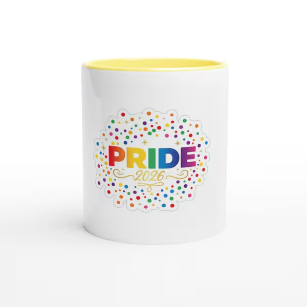 Pride 2026 Mug — white ceramic with colorful rainbow confetti design
