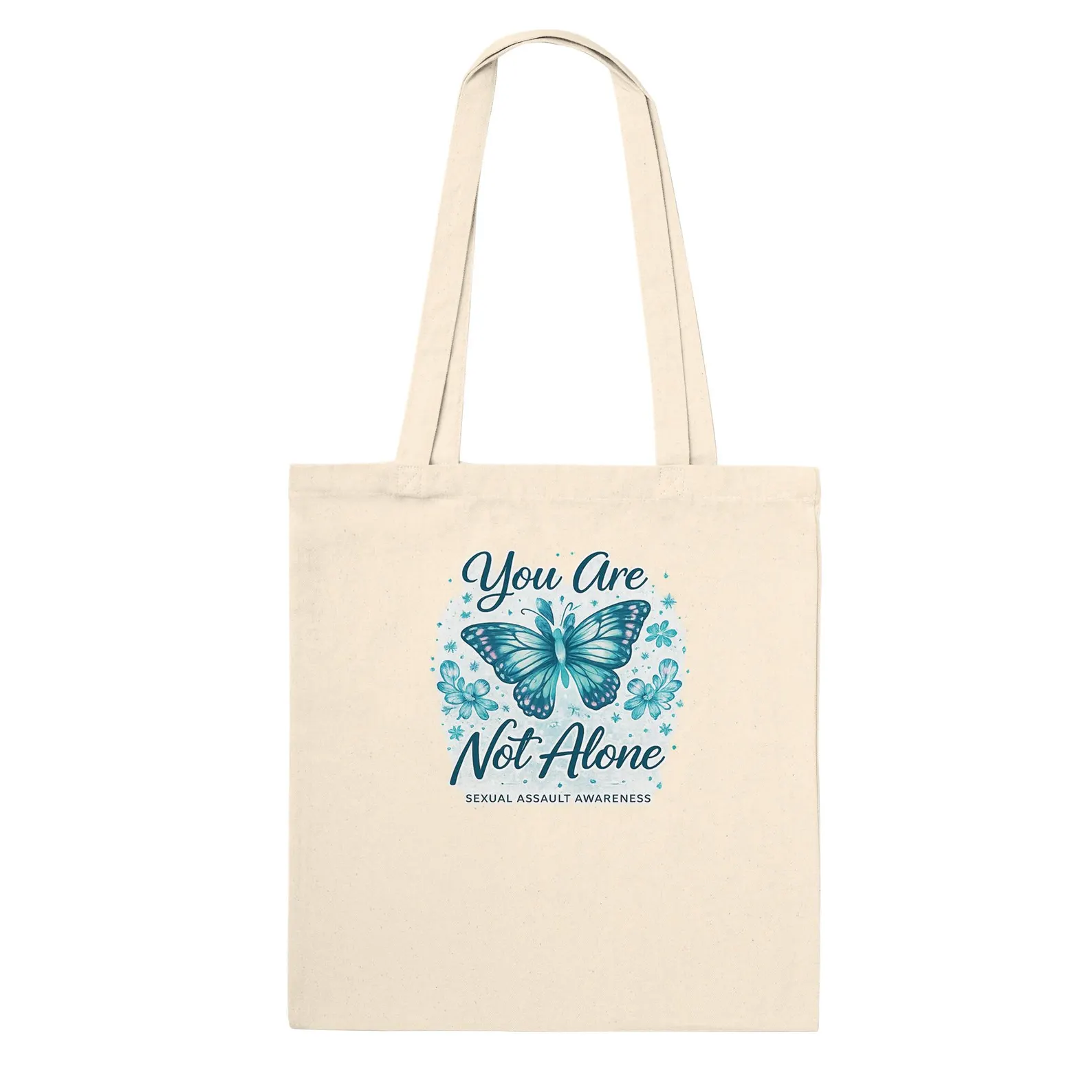 You Are Not Alone tote bag — teal butterfly, Sexual Assault Awareness