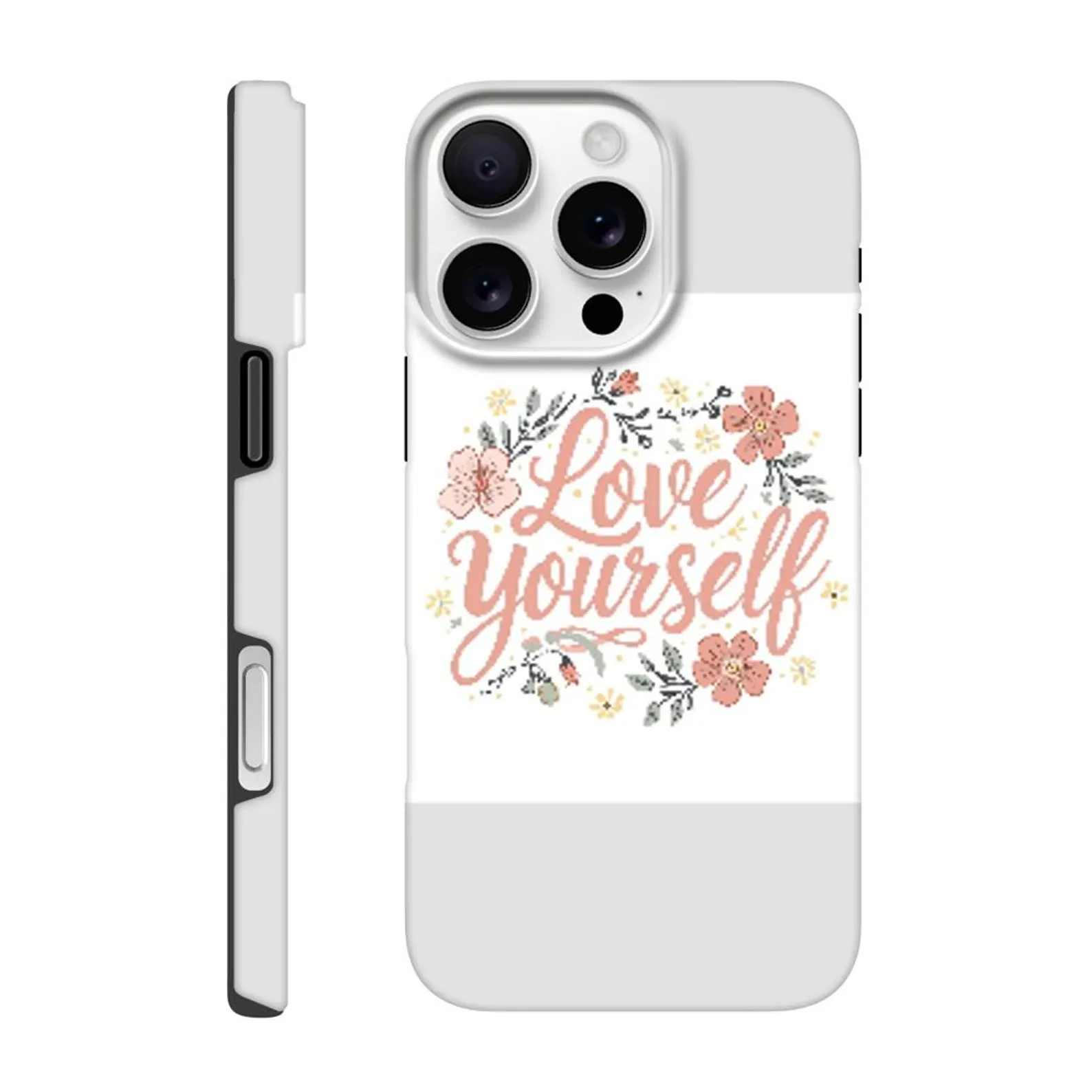 Love Yourself phone case — pink floral wreath design