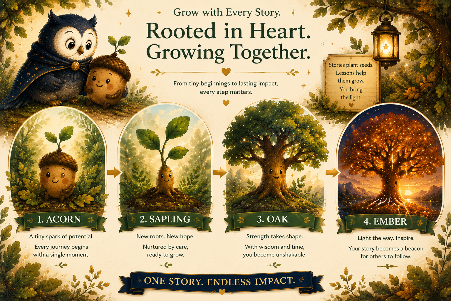 Acorn & Owl growth stages: Acorn, Sapling, Oak, and Ember