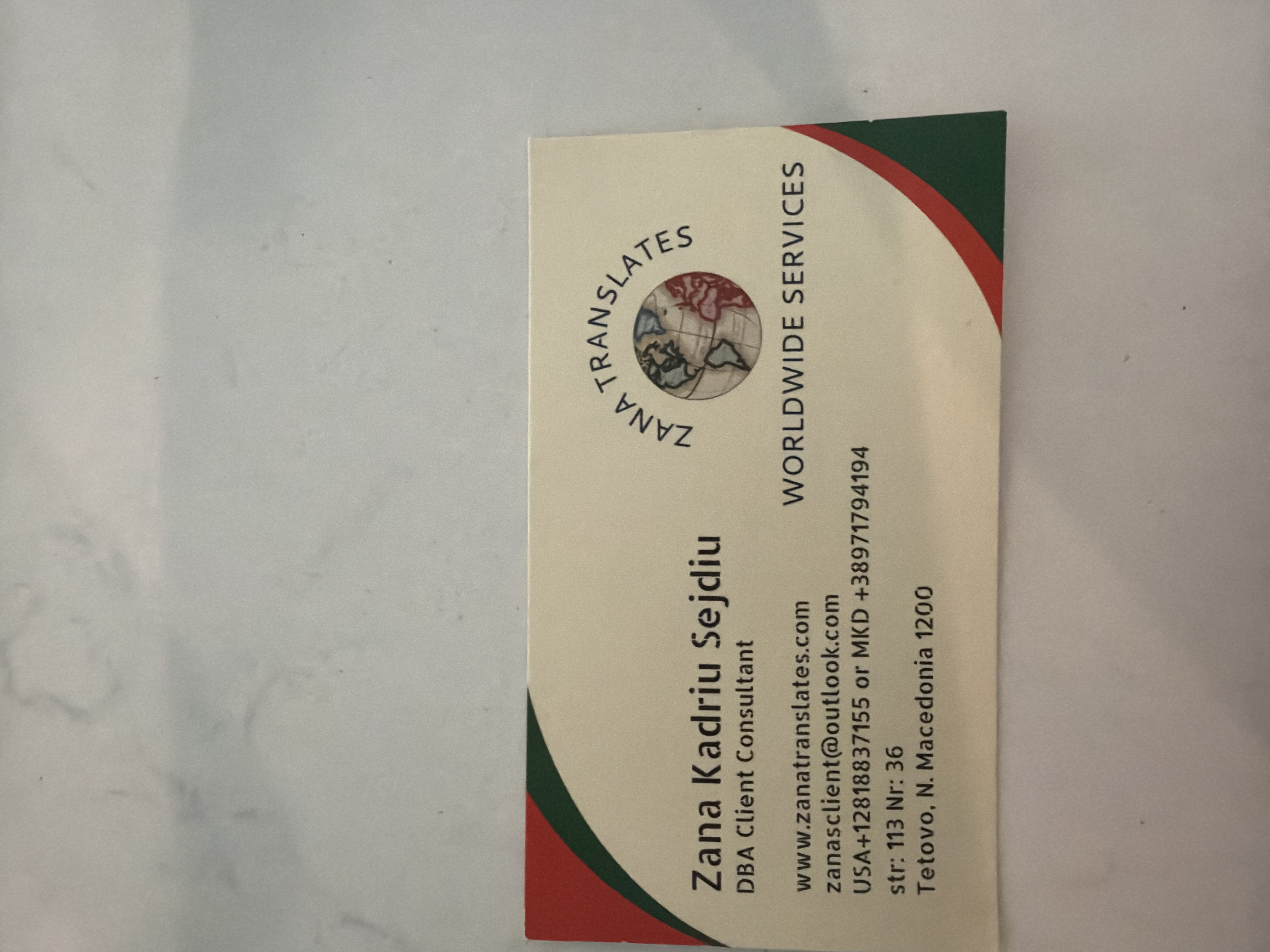 Zana Translates business card