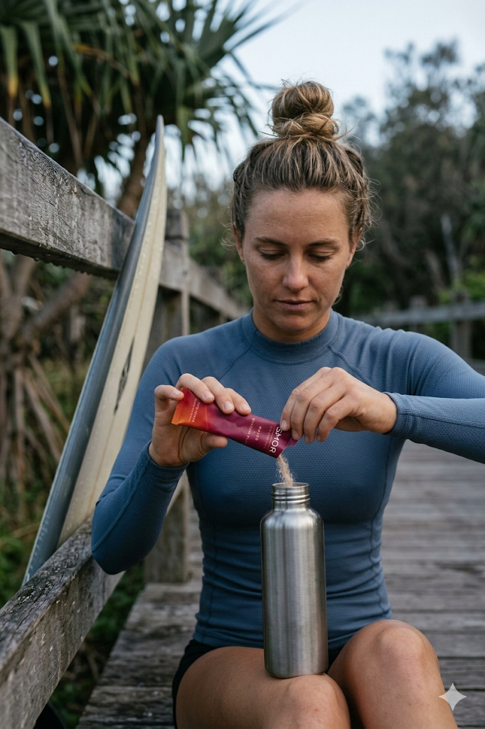 Surfer pouring SMOR on boardwalk