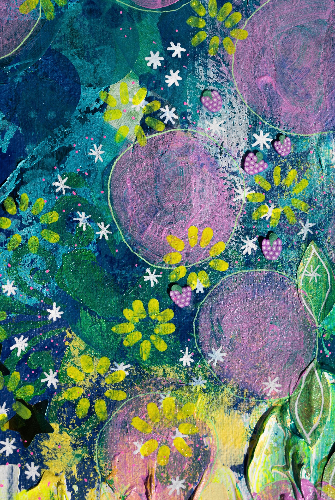 Teal and purple garden scene with sculpted flowers