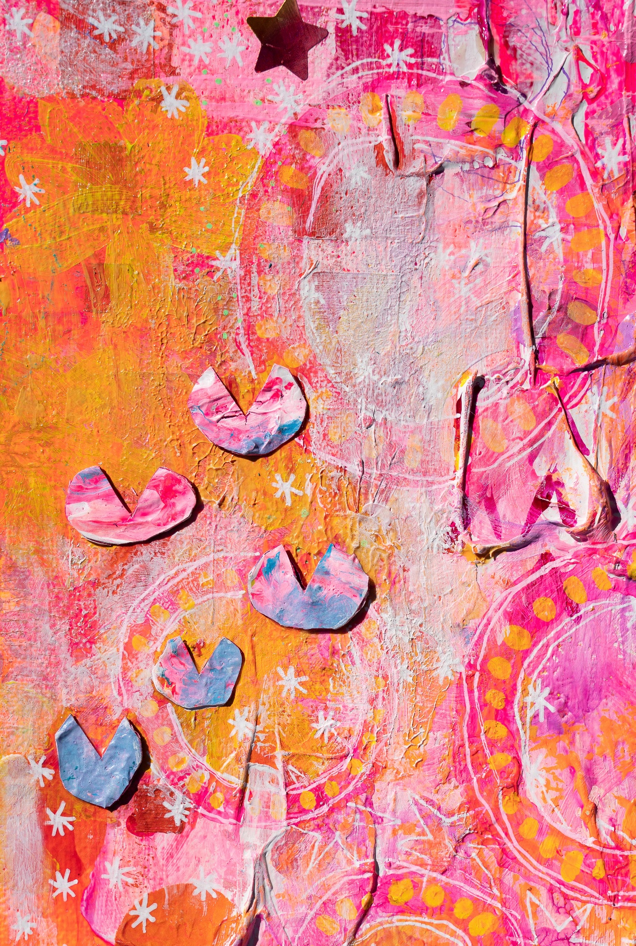 Pink and orange textured piece with 3D hearts and star elements