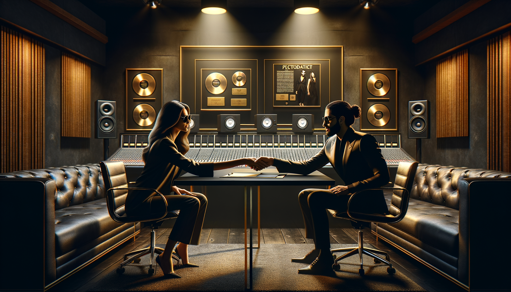 Music business professionals in a recording studio discussing contracts and catalog deals
