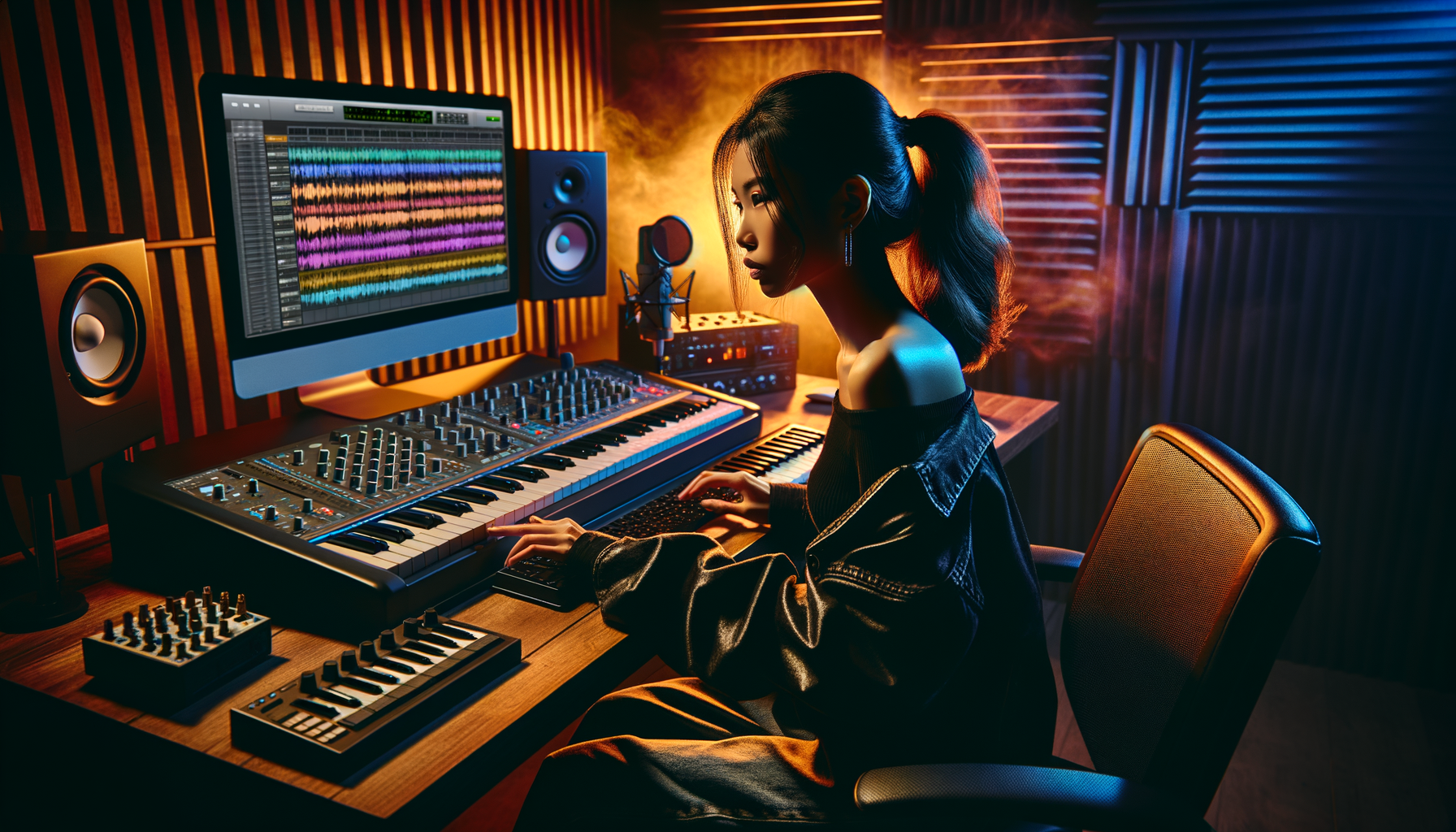 Music producer working in a professional recording studio with MIDI keyboard and DAW