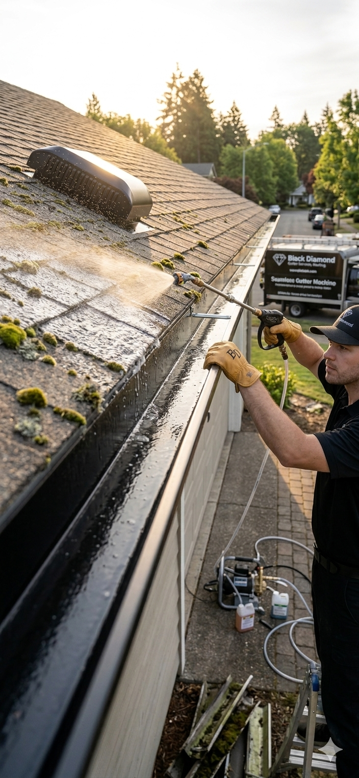 Diamond Gutters and Exterior Cleaning soft wash crew pressure washing a mossy roof in Portland Oregon