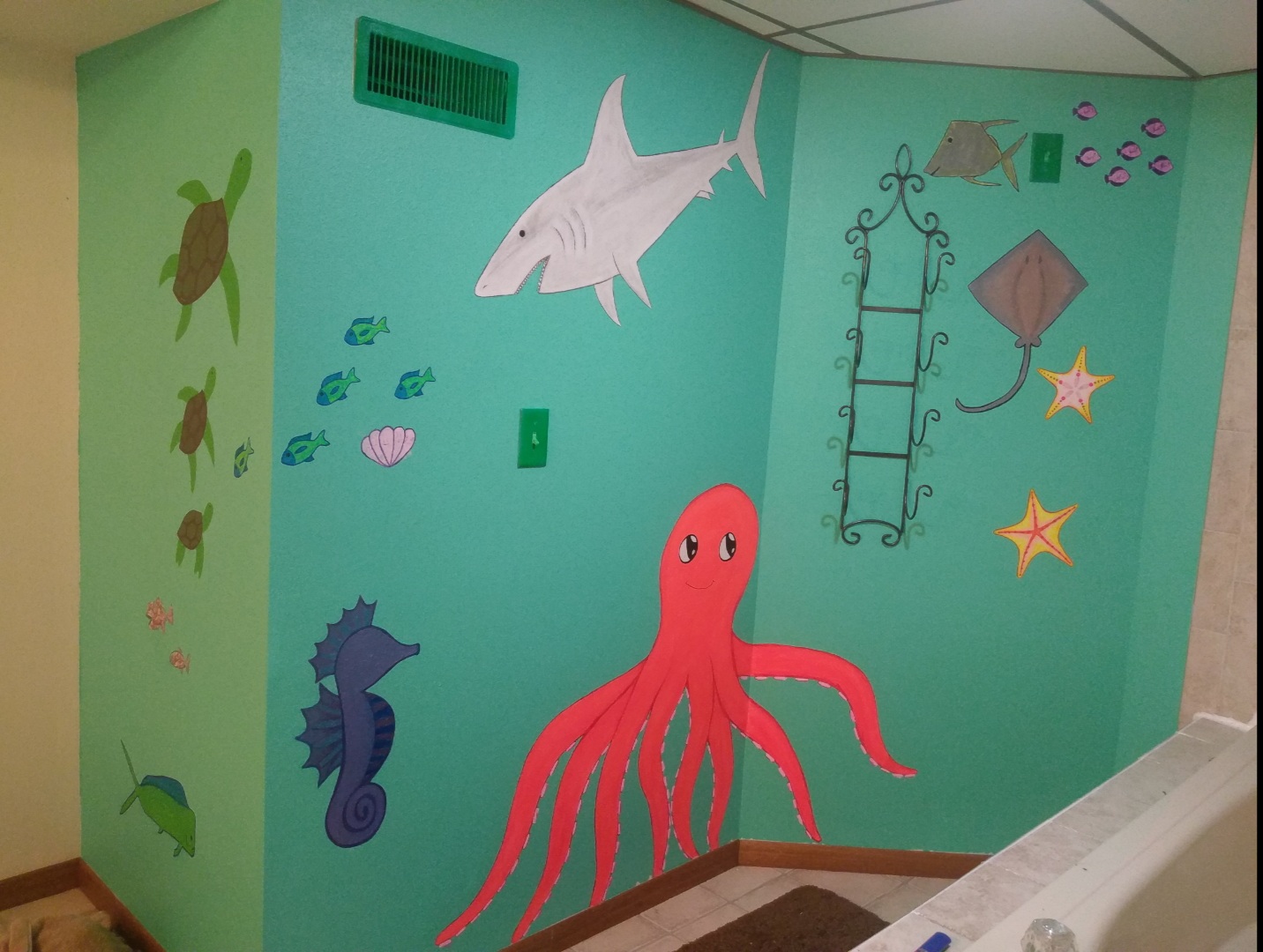 Underwater Ocean mural — colorful sea creatures on teal background