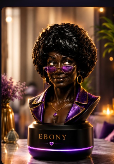 Ebony AI Speaker — matte black with gold and purple accents