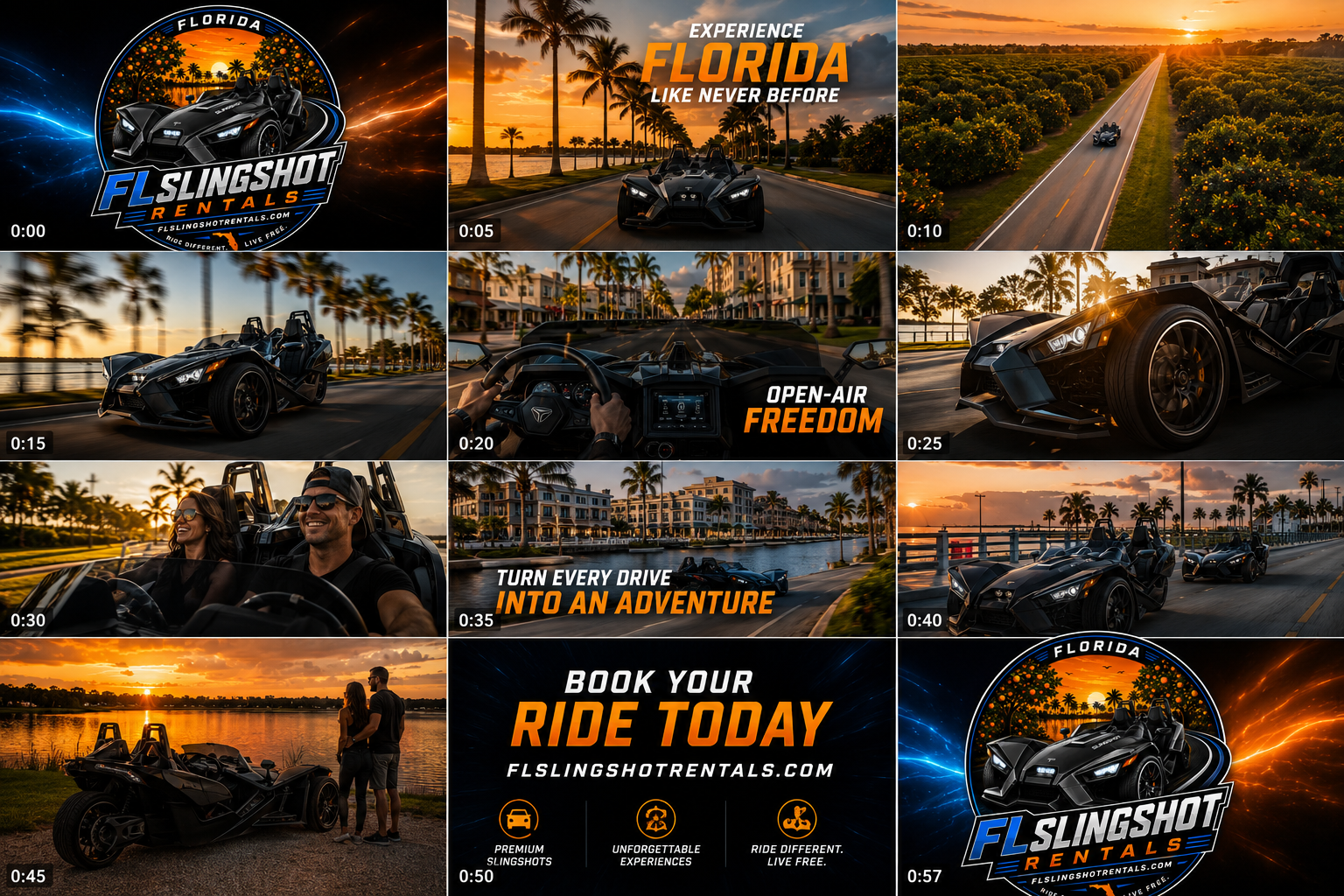 FL Slingshot Rentals 60-second video ad storyboard showing Florida scenery, open-air driving, couples enjoying the ride, and booking CTA
